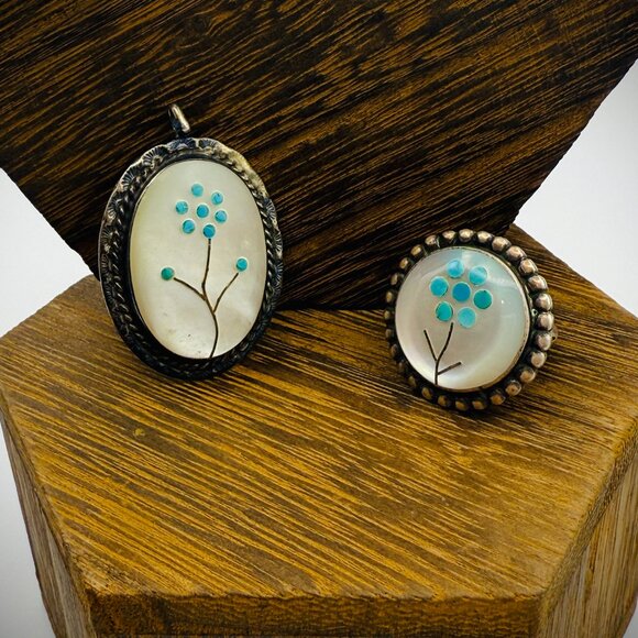 Jewelry - Sterling MOP + Turquoise Inlay Pendant & Ring Set – Size 6.5, Vintage Patina